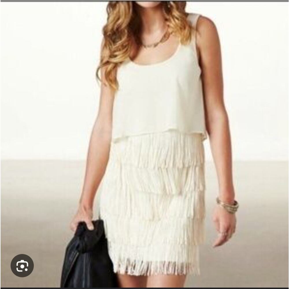 American Eagle Outfitters Cream Layered Mini Dress Fringe